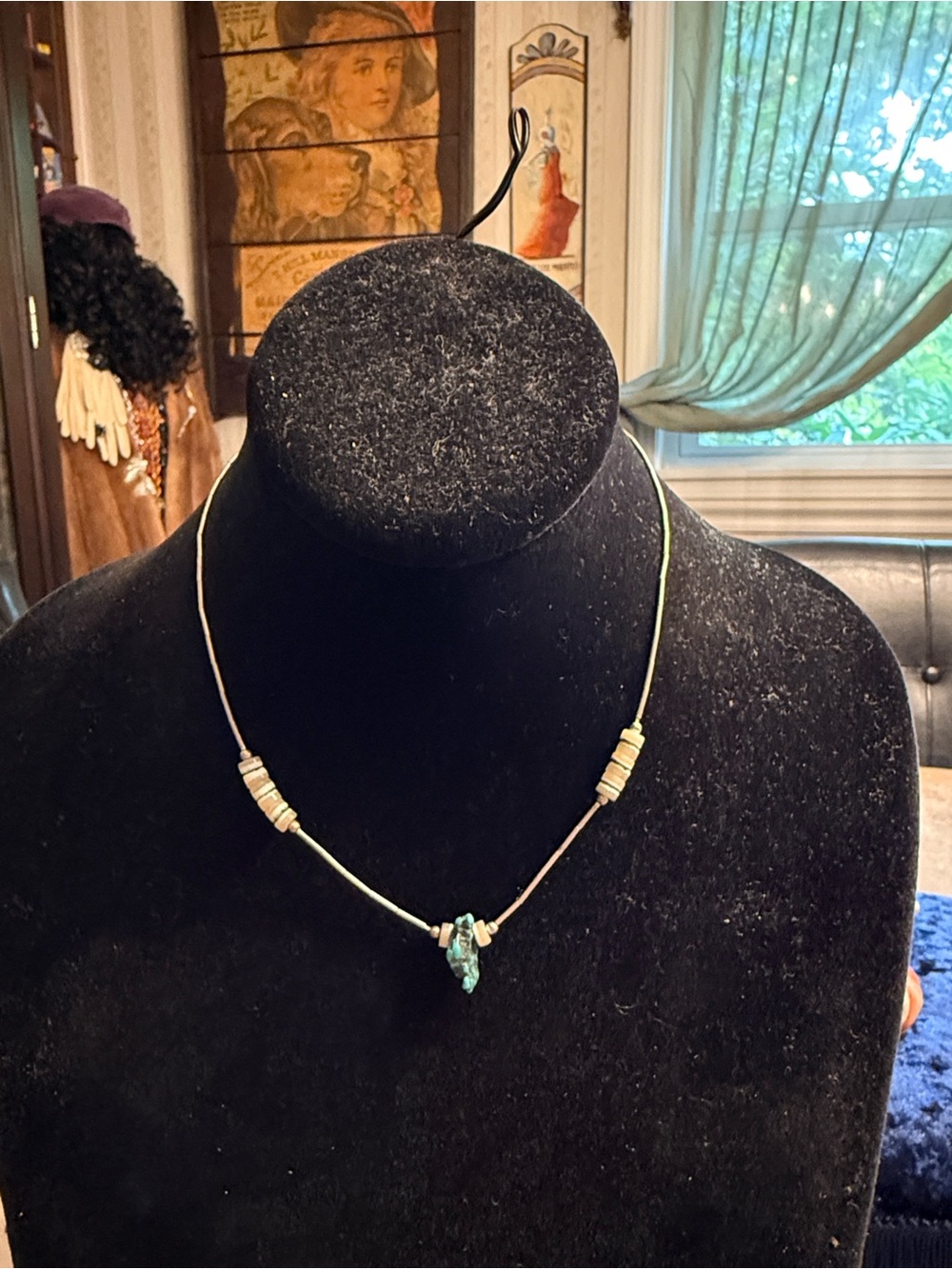 Vintage 1970s liquid sterling silver necklace with turquoise chunk, and Heishi